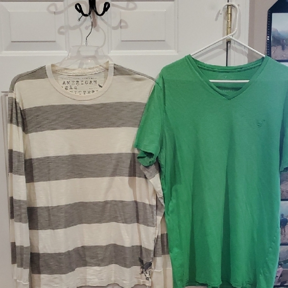 American Eagle Outfitters Gray and White Striped Long Sleeve Tee & Green SS TEE